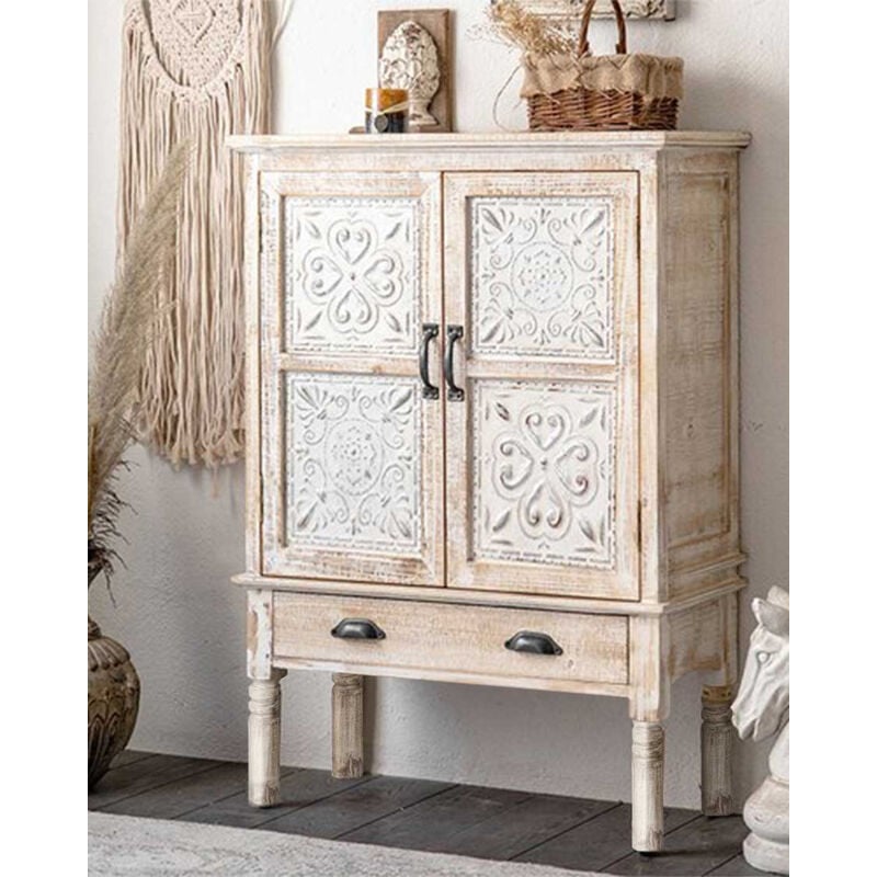 Mala - Buffet haut 2 portes en bois de manguier massif sculpté 85 cm