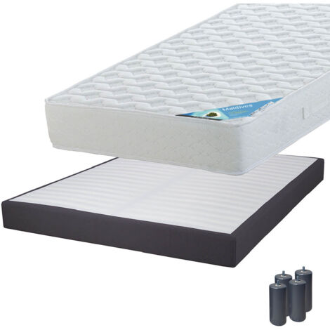 MALDIVES - Pack Matelas 140x190 + Sommier Tapissier Démontable 2x20 Lattes Anthracites + Pieds Anthracites 15cm