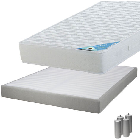 MALDIVES - Pack Matelas 140x190 + Sommier Tapissier Démontable 2x20 Lattes Lin + Pieds Argent 15cm