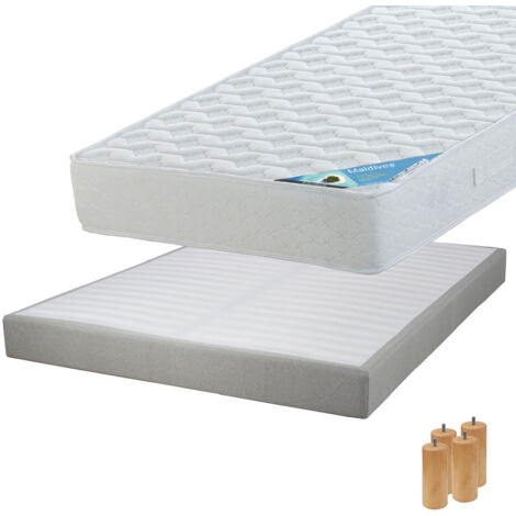 MALDIVES - Pack Matelas 140x190 + Sommier Tapissier Démontable 2x20 Lattes Lin + Pieds Bois 15cm