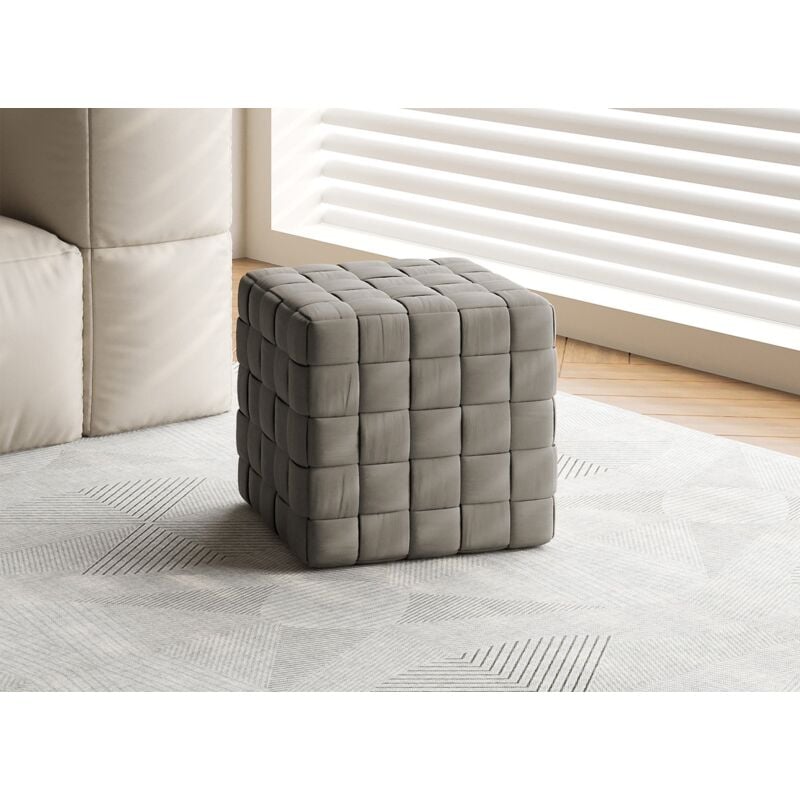 Malek - Pouf carré en velours taupe tressé malek