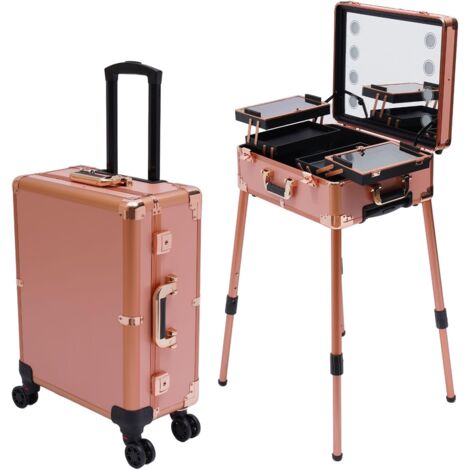 Maletín trolley para cosméticos, con iluminación y espejo, para maquillaje con patas regulables, estación de maquillaje profesional con ruedas, maletín trolley para cosméticos, Color: rosa, Maletín pa
