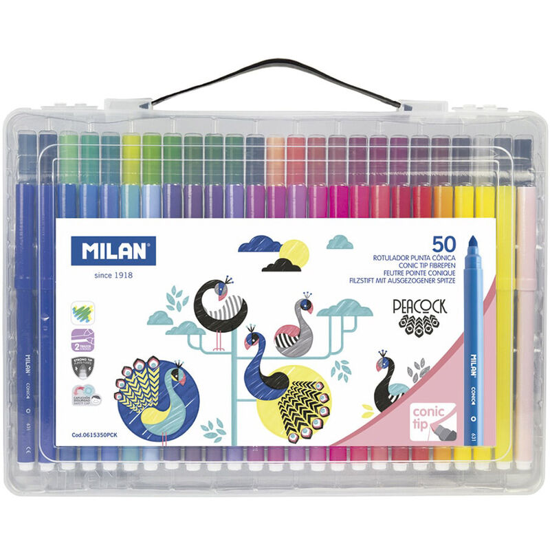

Maletín 50 rotuladores punta cónica base agua, edición peacock - Milan