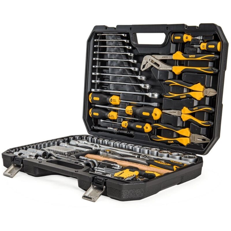 Malette à outils 112 pièces Lampe torche, Tournevis, Douilles, clés, pinces et embouts Coffret à outils BMC VITO Malette à outils 112 pièces Lampe torche, Tournevis, Douilles, clés, pinces et embouts Coffret à outils BMC VITO