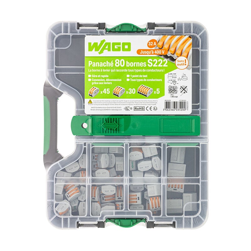 Wago - Malette de 80 bornes de connexion S222 2, 3, et 5 entrées pour fils souples et rigides