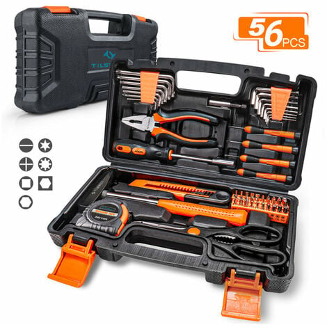Malette Outils Tilswall, 56 pcs Kit d'outils de avec Etui de Rangement pour la réparation à domicile et les projets de bricolage, boîtes à outils