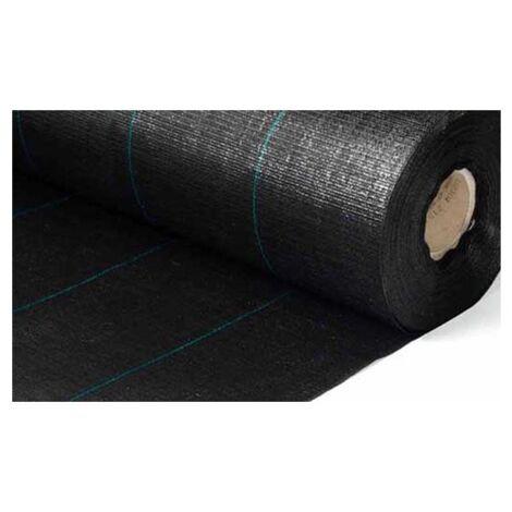 GARDENEAS Antihierba Rollo Completo 2X50 metros color negra con bandas verdes, tejido plano ideal para maleza