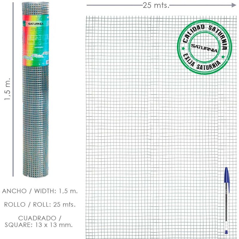 

Malla Electrosoldada Galvanizada 13x13 / 150 cm. Rollo 25 Metros Uso Domestico
