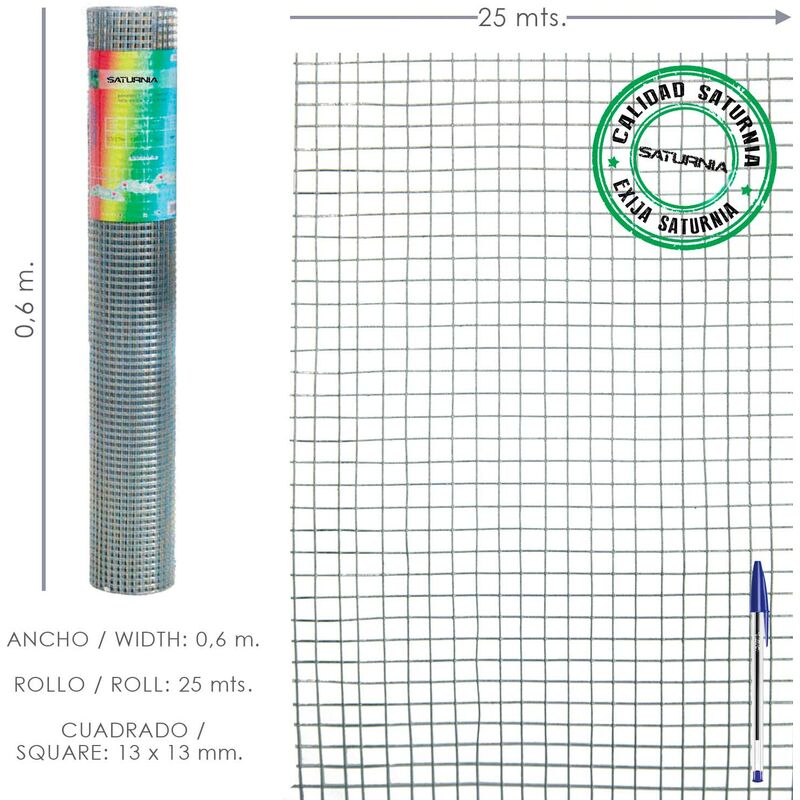 

Malla Electrosoldada Galvanizada 13x13 / 60 cm. Rollo 25 Metros. Uso Domestico