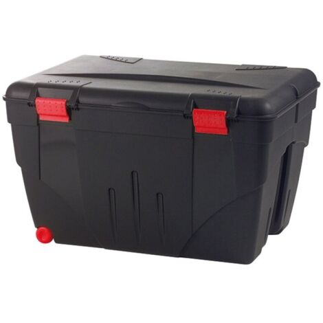 Malle de rangement 200 L – Dimensions 84,8 x 61 x 51,5 cm – 2 roulettes pour transport facile – Design noir avec accents rouges – Ateliers 28