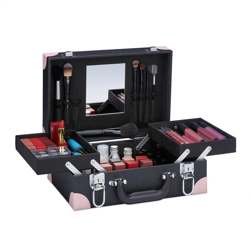 Mallette à maquillage, pour cosmétiques, vernis à ongle, miroir, HxLxP : 12,5 x 31 x 23 cm, vide, noir - rose - Relaxdays