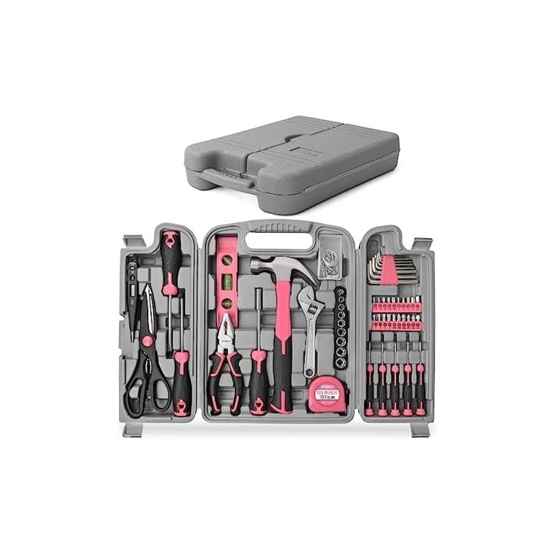 SNQ - Mallette à Outils Complete Rose 56 Pièces - Ensemble d'Outils avec Boite de Rangement - Marteau,Ciseaux,Tournevis,Clés Allen et Kit d'Outils