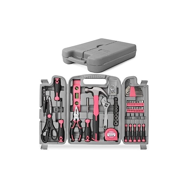 Coocheer - Mallette à Outils Complete Rose 56 Pièces - Ensemble d'Outils avec Boite de Rangement - Marteau,Ciseaux,Tournevis,Clés Allen et Kit