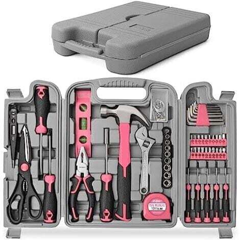 Mallette à Outils Complete Rose 56 Pièces - Ensemble d'Outils avec Boite de Rangement - Marteau,Ciseaux,Tournevis,Clés Allen et Kit d'Outils - pour Usage Domestique ou du Travail