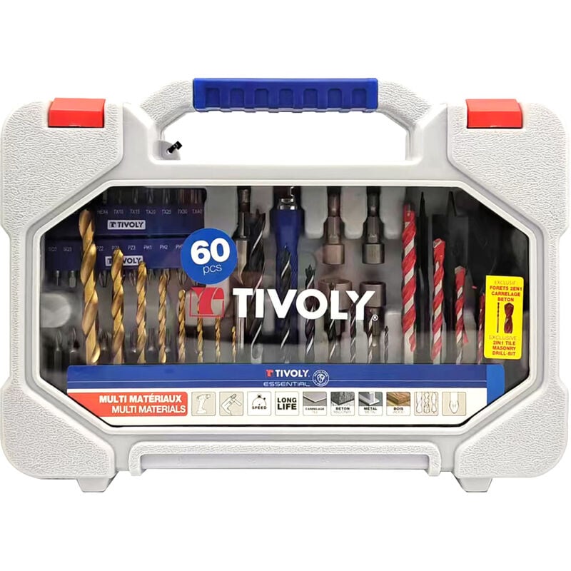 Tivoly - Mallette 60pcs T60 Perçage Métal, Bois, Béton, Carrelage et Vissage
