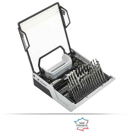 Mallette perçage vissage 108pcs forets bois, béton, métal, embouts de vissage, porte embout, douilles, fraise, tournevis à cliquet porte embouts.