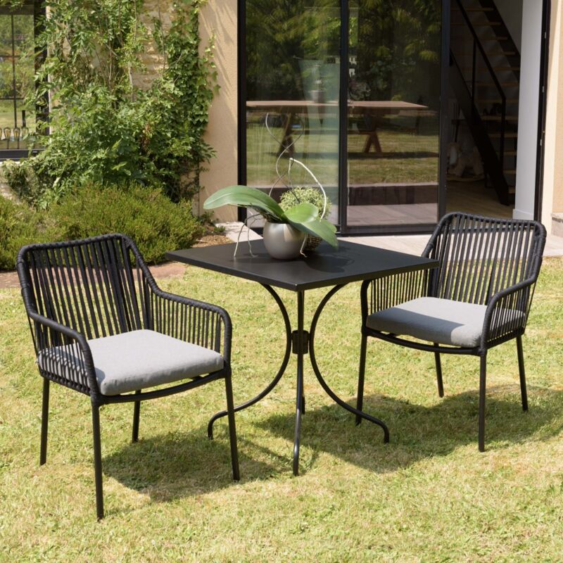 Malo - salon de jardin 2 pers. - Table carrée 70x70cm et 2 fauteuils gris et noirs en cordage