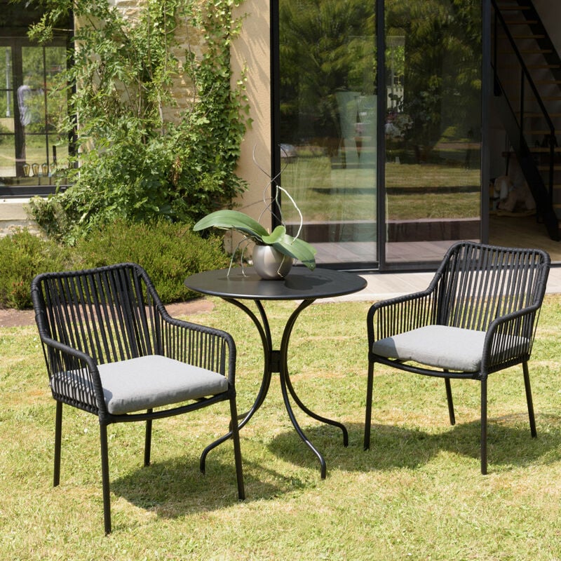 Macabane - malo - salon de jardin 2 pers. - Table ronde 70x70cm et 2 fauteuils gris et noirs en cordage - Noir
