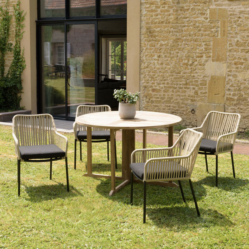 Macabane - malo - salon de jardin 4 pers. - 1 Table ronde 120x120cm et 4 fauteuils beiges et noirs en cordage - Marron