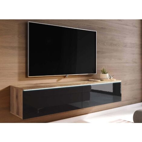 MALORIE - Meuble TV  chêne vieilli et noir laqué avec LED 2 portes MALORIE- 140 cm
