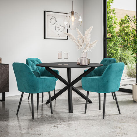 Malvern Round Dining Table And Chairs -  Black Table Top w Solid Black Oak Legs + Anika Velvet Dining Chair Set Of 4 (Blue)