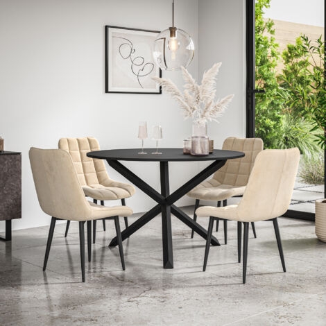 Malvern Round Dining Table And Chairs -  Black Table Top w Solid Black Oak Legs + Nova Velvet Dining Chair Set Of 4 (Beige)