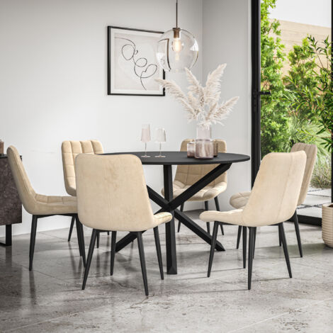 Malvern Round Dining Table And Chairs -  Black Table Top w Solid Black Oak Legs + Nova Velvet Dining Chair Set Of 6 (Beige)