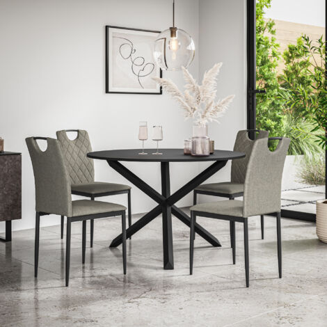 Malvern Round Dining Table And Chairs -  Black Table Top w Solid Oak Black Legs + Monza Fabric Dining Chair Set Of 4 (Grey)