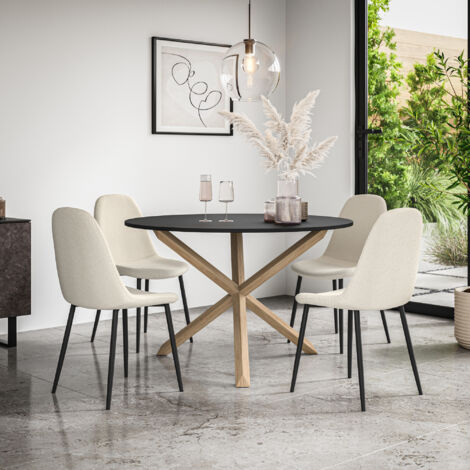 Malvern Round Dining Table And Chairs -  Black Table Top w Solid Oak Legs + Maya Boucle Dining Chair Set Of 4 (Ivory White)