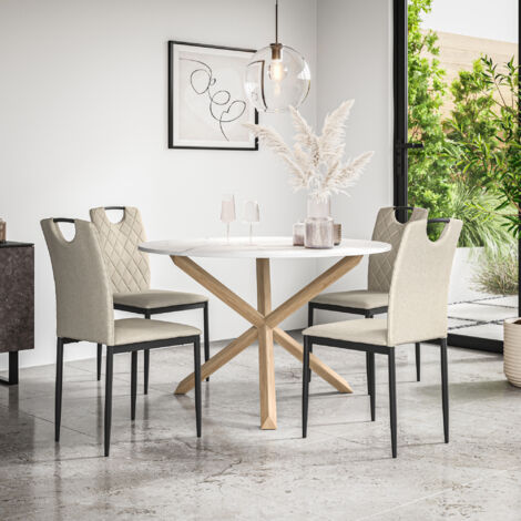 Malvern Round Dining Table And Chairs -  Marble Table Top w Solid Oak Legs + Monza Fabric Dining Chair Set Of 4 (Beige)