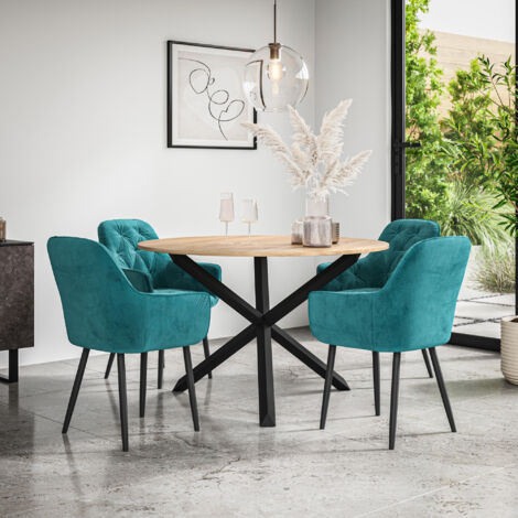 Malvern Round Dining Table And Chairs -  Oak Table Top w Solid Black Oak Legs + Anika Velvet Dining Chair Set Of 4 (Blue)