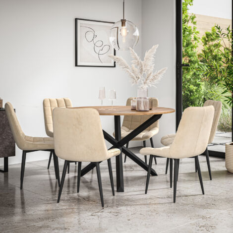 Malvern Round Dining Table And Chairs -  Oak Table Top w Solid Black Oak Legs + Nova Velvet Dining Chair Set Of 6 (Beige)