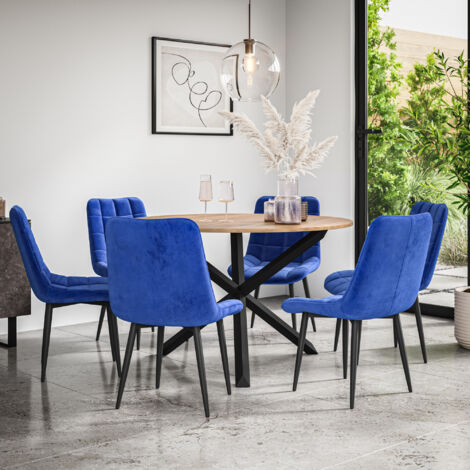 Malvern Round Dining Table And Chairs -  Oak Table Top w Solid Black Oak Legs + Nova Velvet Dining Chair Set Of 6 (Blue)