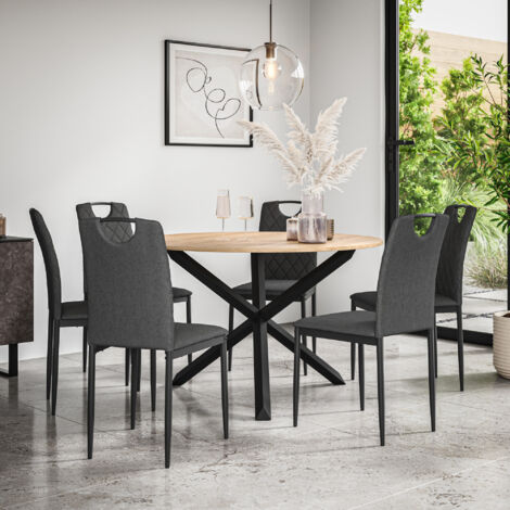 Malvern Round Dining Table And Chairs -  Oak Table Top w Solid Oak Black Legs + Monza Fabric Dining Chair Set Of 6 (Charcoal)