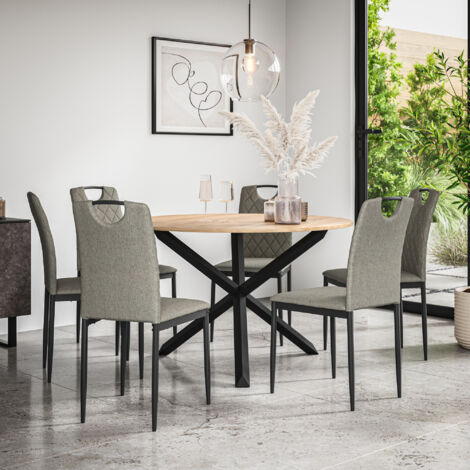 Malvern Round Dining Table And Chairs - Oak Table Top w Solid Oak Black Legs + Monza Fabric Dining Chair Set Of 6 (Grey)