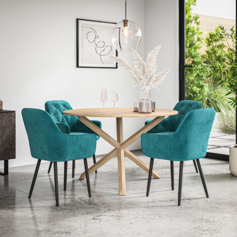 Malvern Round Dining Table And Chairs -  Oak Table Top w Solid Oak Legs + Anika Velvet Dining Chair Set Of 4 (Blue)