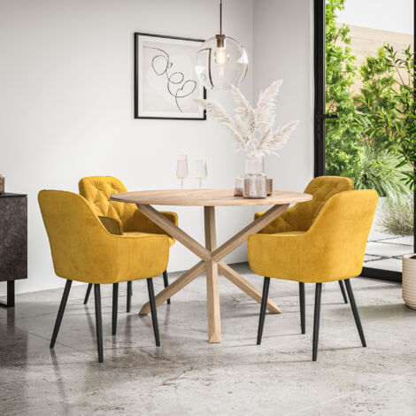 Malvern Round Dining Table And Chairs - Oak Table Top w Solid Oak Legs + Anika Velvet Dining Chair Set Of 4 (Mustard)