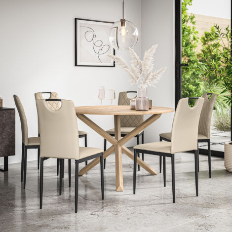 Malvern Round Dining Table And Chairs -  Oak Table Top w Solid Oak Legs + Monza Faux Leather Dining Chair Set Of 6 (Beige)