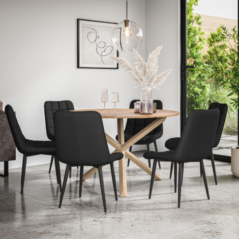 Malvern Round Dining Table And Chairs -  Oak Table Top w Solid Oak Legs + Nova Faux Leather Dining Chair Set Of 6 (Black)