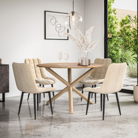 Malvern Round Dining Table And Chairs -  Oak Table Top w Solid Oak Legs + Nova Velvet Dining Chair Set Of 4 (Beige)