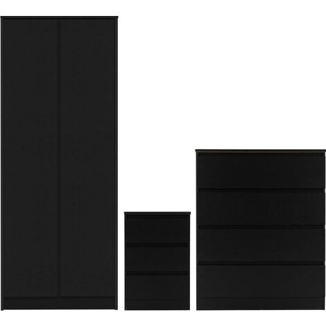 Malvern Trio Bedroom Set Wardrobe Chest of Drawers Bedside Black Finish