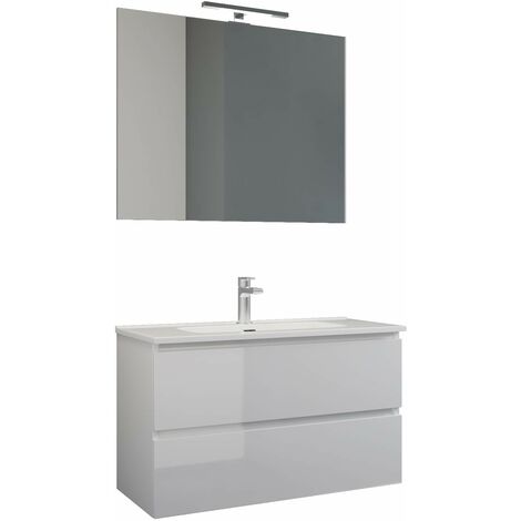 Mama Store ATENA Mobile sospeso con lavabo, specchio e lampada LED Laminato Bianco Lucido Laccato L. 101 X P. 47 X H. 53 cm