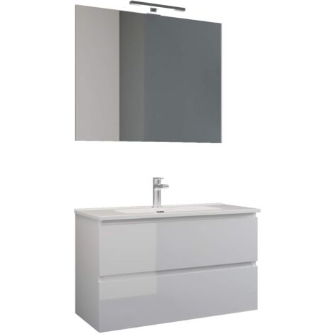 MaMa Store Atena Mobile sospeso con lavabo, specchio e lampada LED, Laminato, Laccato Bianco Lucido, L. 81 X P. 47 X H. 53 CM