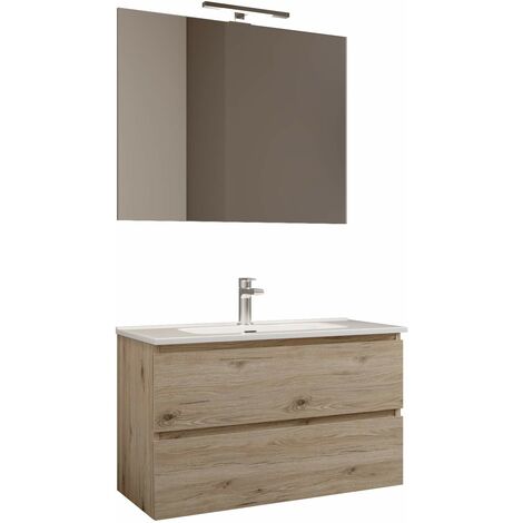 MaMa Store Atena Mobile sospeso con lavabo, specchio e lampada LED, Laminato, Quercia Naturale L. 81 X P. 47 X H. 53 Cm