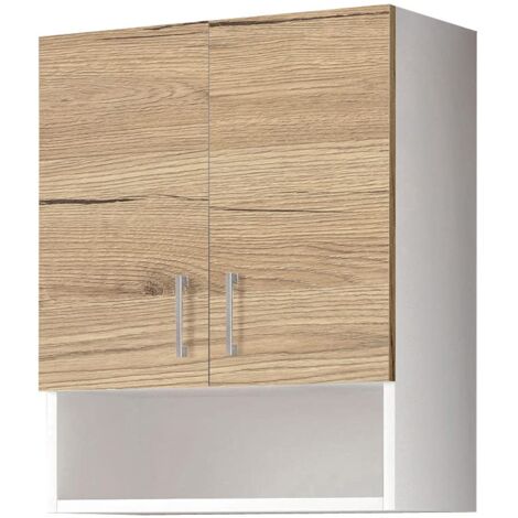 MaMa Store ATENALAV Pensile Doppio Bianco Opaco e Quercia Naturale con Vano a Giorno L. 60 cm x P. 22 cm x H. 71