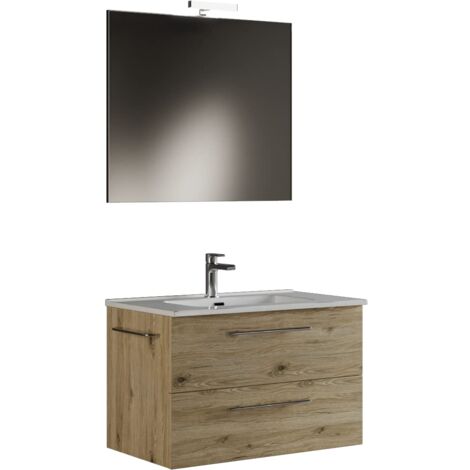 MaMa Store ERA 60-Mobile Bagno Sospeso 60 CM Quercia Naturale con Lavabo, Specchio e Lampada LED, L.62 X P.47, Legno, 62 X P. 47 X H. 53 CM