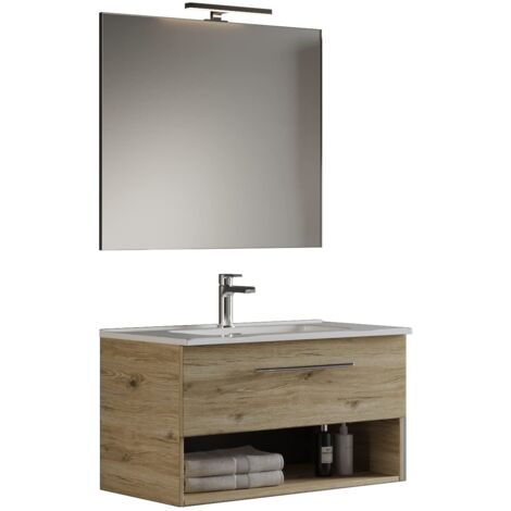 MaMa Store GEA2 60 - Mobile Bagno Sospeso 60 CM Cassetto e Vano a Giorno Bianco Lucido Laccato con Lavabo, Specchio e Lampada LED, L.62 X P.46 X H.45 cm