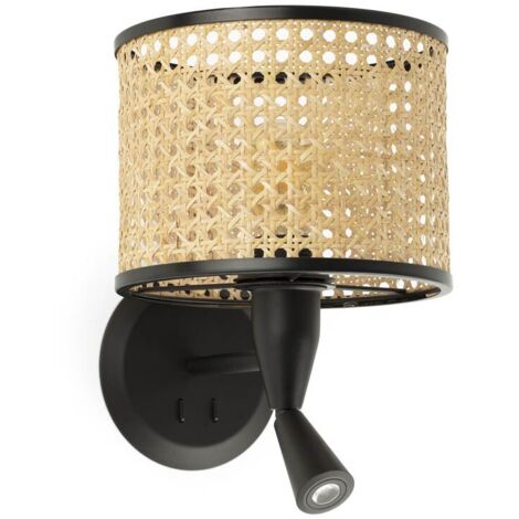 MAMBO Aplique de pared con lector negro/ratan ø210 64309-47