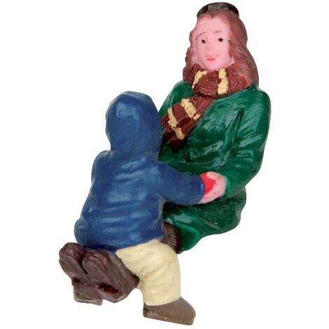 Mamma e figlio sulla panchina, personaggio per villaggio di Natale in poliresina