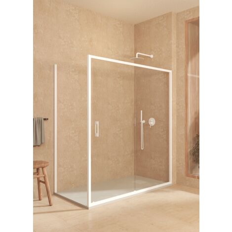 Mampara angular corredera + fijo + lateral fijo, con perfil inferior, Vidrio de seguridad 6mm antical, 105-109cm x Fijo 67,5-70cm H=195cm, Blanco